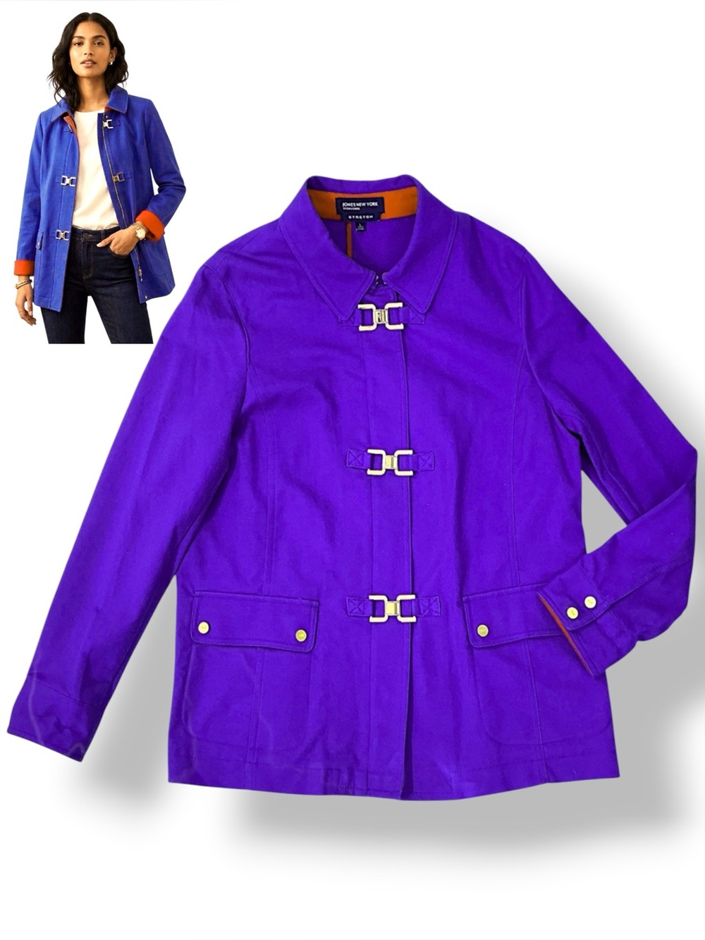 Jones New York Signature Stretch Jacket February Seaport Blue Gold Latch Zip Up
